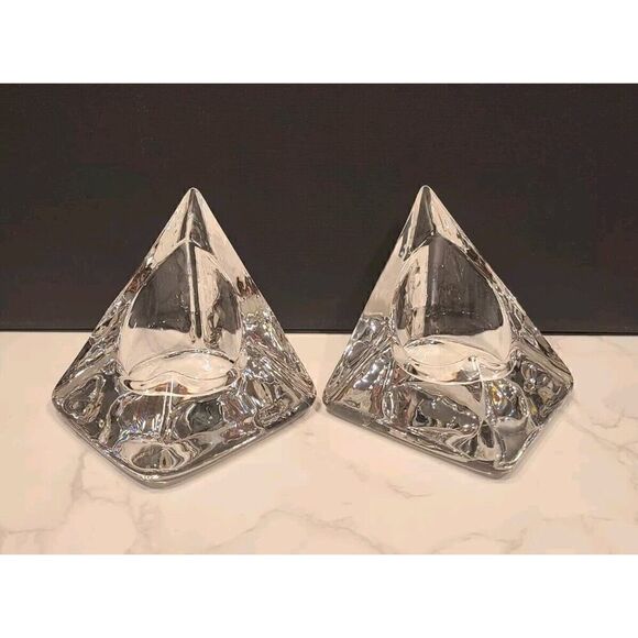Nybro Crystal Pyramid Candle Holders by Tord Kjellstrom Sweden MCM Set of 2 - Picture 1 of 11